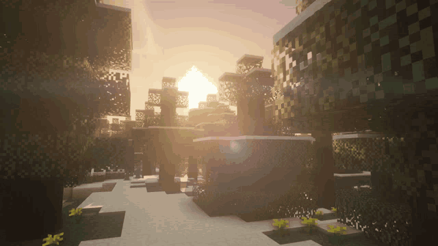 the sun shines through the trees in this minecraft scene