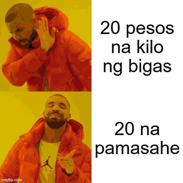 a man in an orange jacket is making a funny face with the words 20 pesos na kilo ng bigas 20 na pamasahe below him