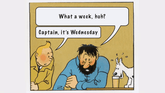 a cartoon of two men and a dog talking about what a week huh