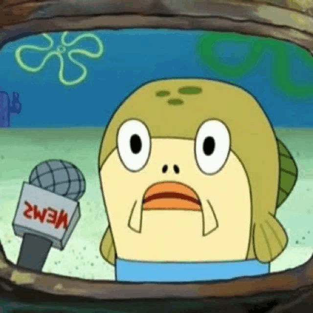 a cartoon character from spongebob squarepants is holding a microphone .