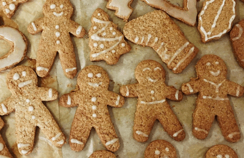 gingerbread cookies in the shape of a gingerbread man and a gingerbread tree