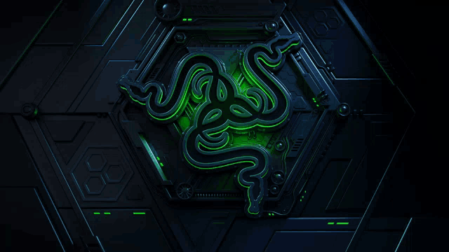 a green razer logo is on a dark background