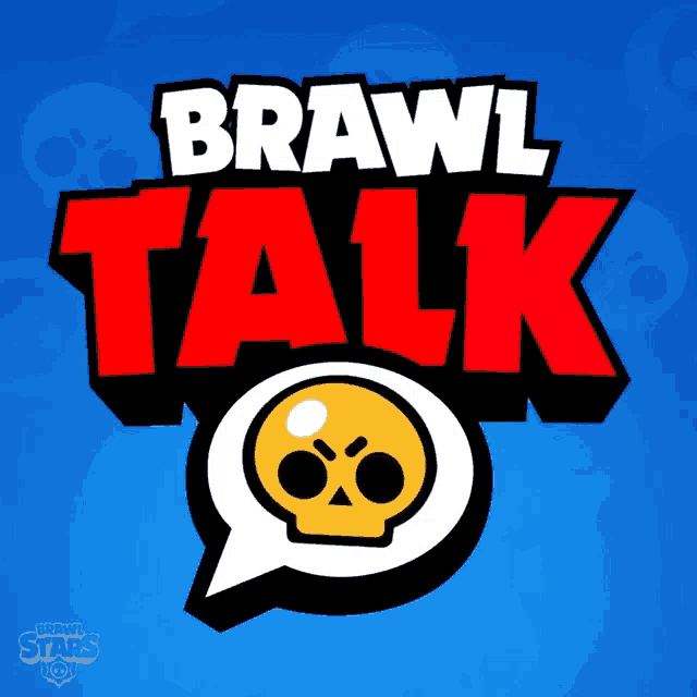 a brawl talk logo with a skull in a speech bubble on a blue background