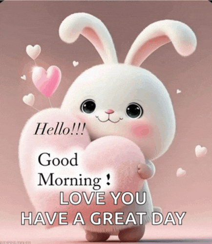 a bunny is holding a pink heart and says good morning