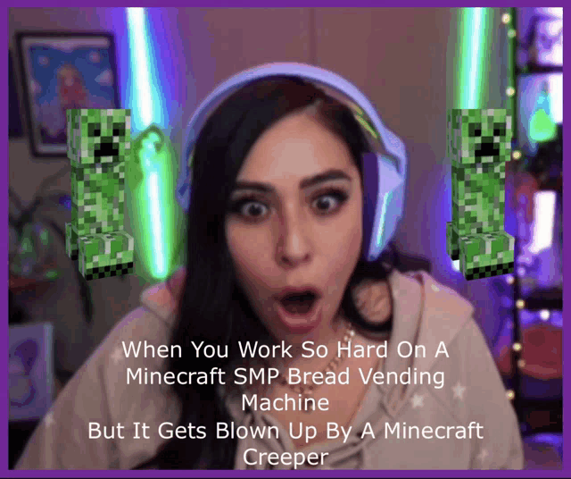 a woman with a surprised look on her face is surrounded by creepers in a minecraft smp bread vending machine