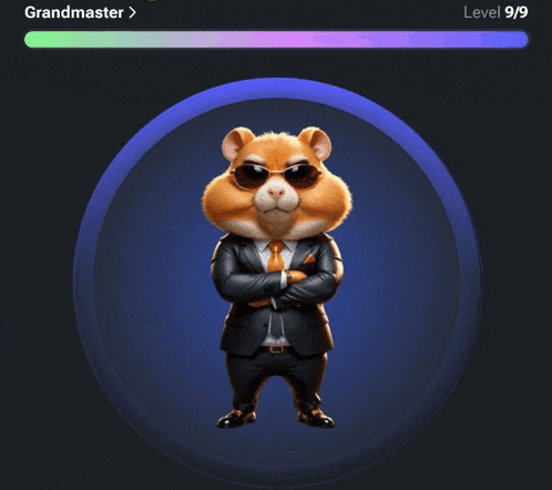 a hamster wearing sunglasses and a suit is standing in a circle with the words grandmaster above it