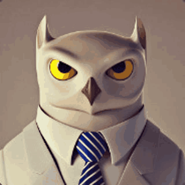 a cartoon owl wearing a white suit and tie