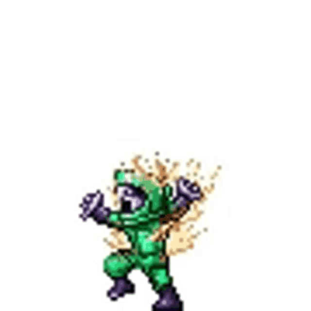 a pixel art of a person in a green and purple suit dancing .