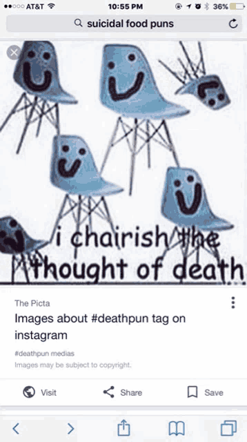 a phone screen shows a picture of chairs with faces drawn on them and the words " i chairish the thought of death "