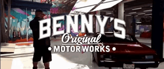 benny 's original motor works logo with a man standing in front of a red car