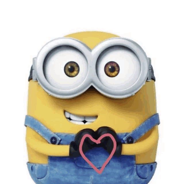 a minion wearing goggles and overalls holds a heart in his hands