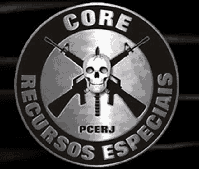 a black and white logo for core recursos especiais with a skull and crossed guns