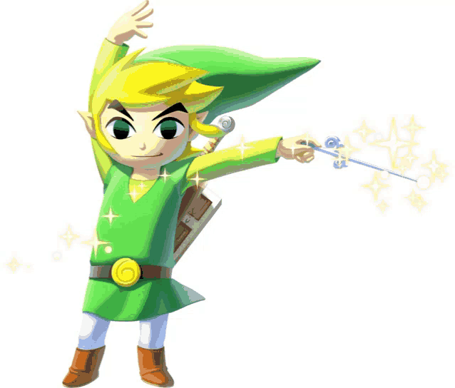 a cartoon character with a green shirt and yellow hair is holding a magic wand