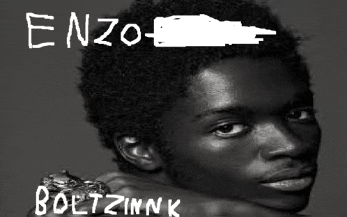 a black and white photo of a young man with the name enzo boltzmann written on it