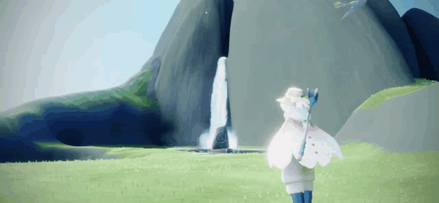 a person in a video game is standing in front of a mountain