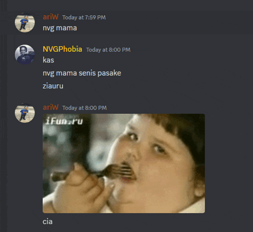 a screenshot of a discord conversation with a picture of a fat kid eating with a fork