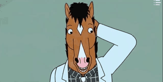 a cartoon character with a horse 's head on his head