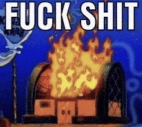 a picture of a spongebob house on fire with the words `` fuck shit '' written on it .