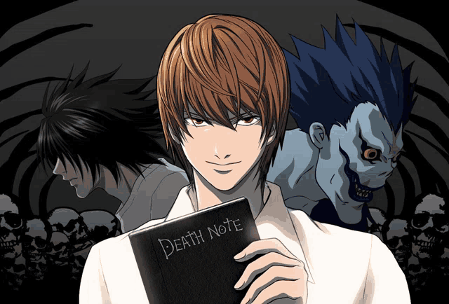 a man is holding a book that says death note on it