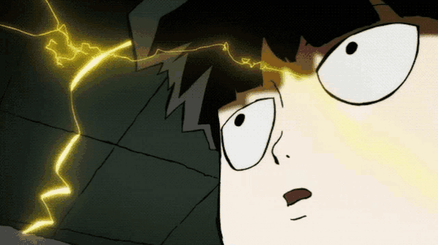 a close up of a cartoon character 's face with lightning coming from his head