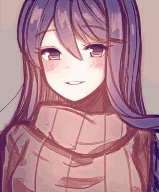 a drawing of a girl with purple hair