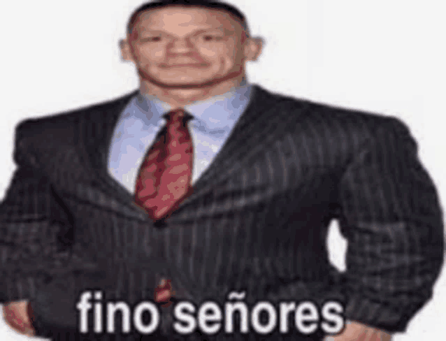 a man in a suit and tie is standing in front of a white background with the words fino señores .