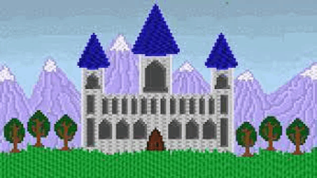 a pixel art of a castle in the middle of a field with trees and mountains in the background .