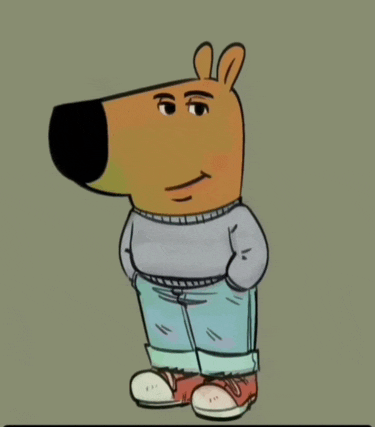 a cartoon drawing of a brown bear wearing a sweater and jeans