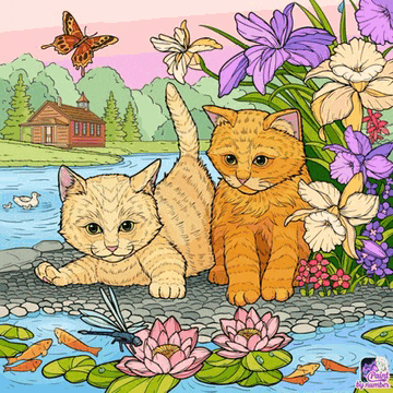 a painting of two kittens surrounded by flowers and fish