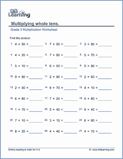 a worksheet that says multiplying whole tens on the top