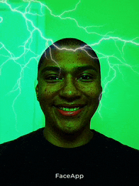 a man is smiling in front of a green background with lightning bolts coming from his head