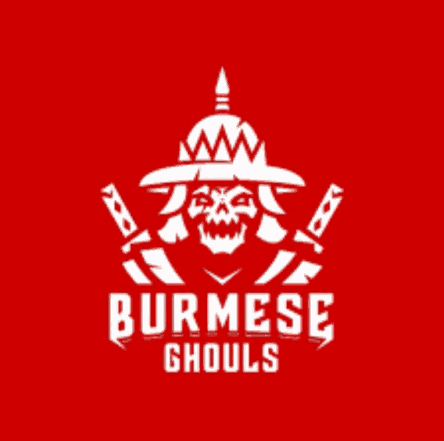 a logo for burmese ghouls with a skull in a hat and knives