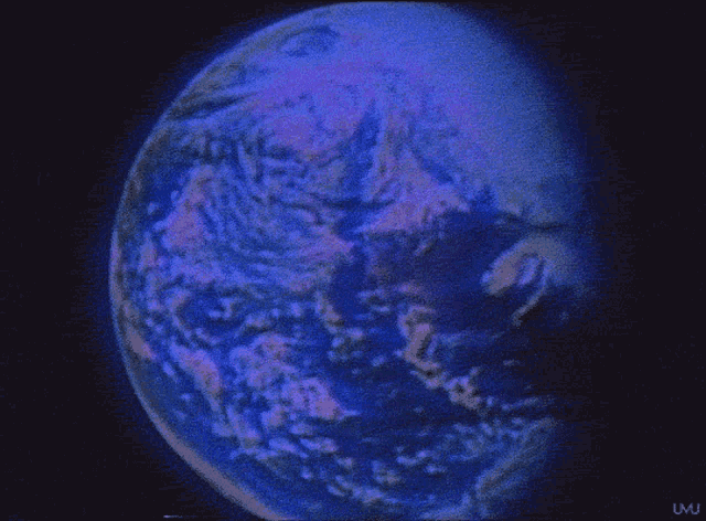 a blue and purple image of the earth with the word uwu on the bottom