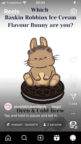 a phone screen shows a rabbit sitting on top of an oreo