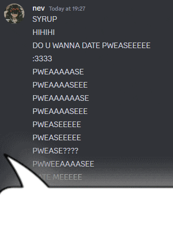 a screenshot of a discord conversation with nev syrup