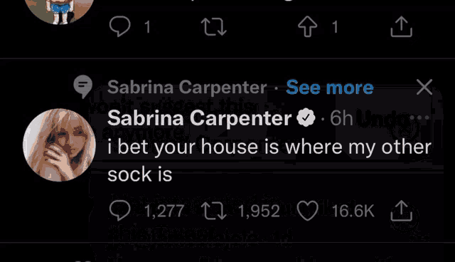 a screenshot of a twitter app that says " not interested in sabrina carpenter "