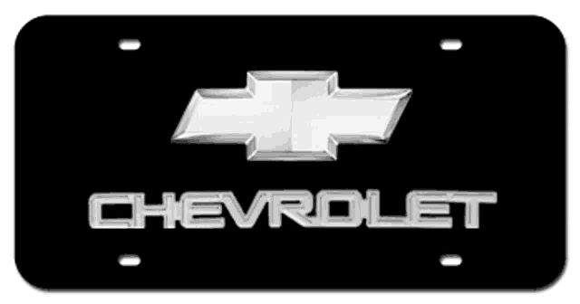 a black chevrolet license plate with a silver logo on it