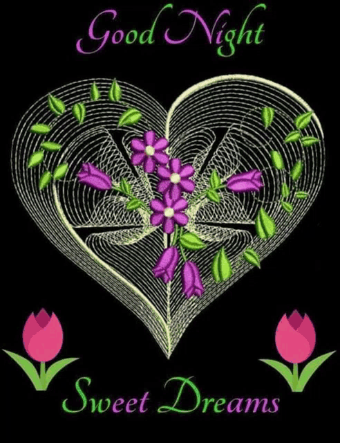 a heart with purple flowers and green leaves is on a black background and says good night sweet dreams .