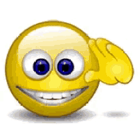 a yellow smiley face with blue eyes and white teeth waving