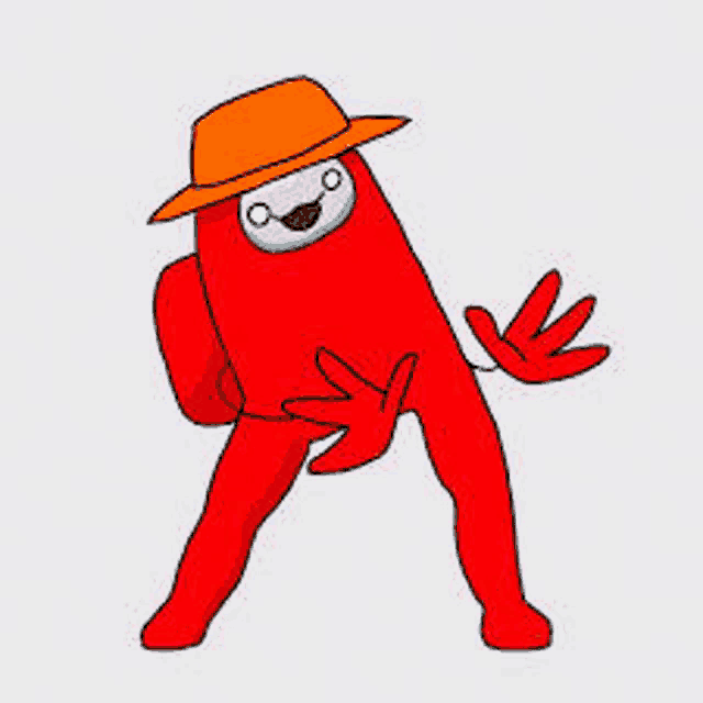 a red among us character wearing an orange hat .