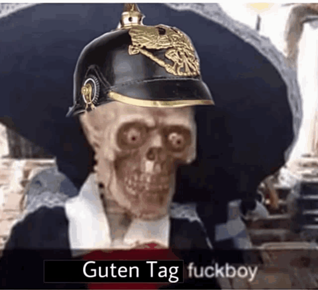 a picture of a skeleton wearing a helmet with the words guten tag fuckboy below it