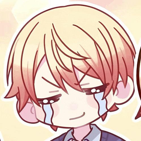 a drawing of a boy with blonde hair and red eyes crying