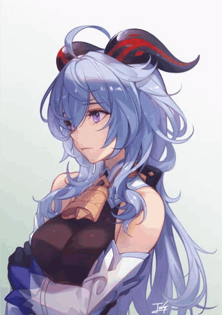 a drawing of a girl with blue hair and horns has the letters tnf on the bottom right