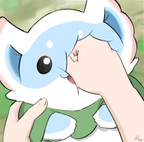 a drawing of a person petting a blue and white animal with the letter l on the bottom