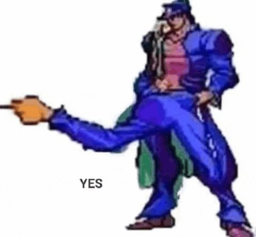 jojo 's bizarre adventure stardust crusaders jotaro kujo is holding a gun and pointing at the camera .