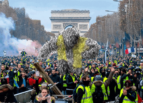 a crowd of people in yellow vests are gathered in front of a triumphal arch