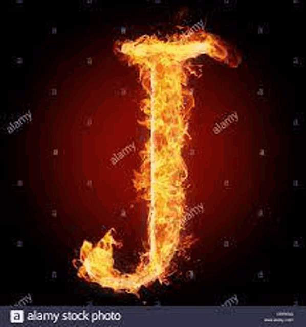 the letter j is made of fire on a black background .