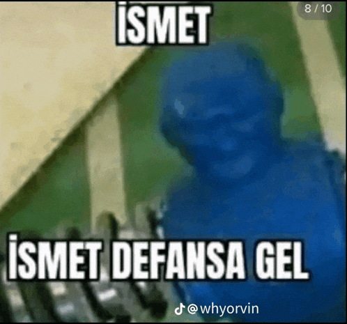 a picture of a blue man with the words ismet defansa gel on it