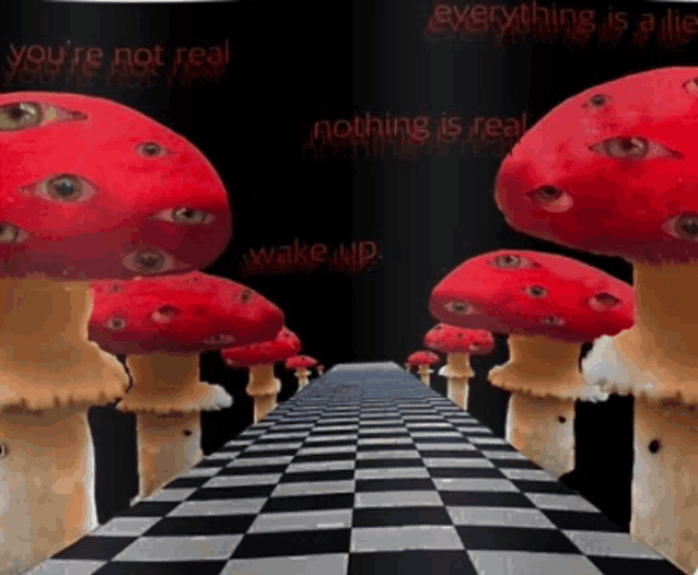 a painting of red mushrooms with eyes on them and the words " you 're not real "