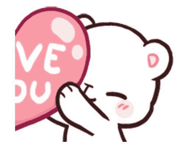 a cartoon bear is holding a pink heart that says love you .